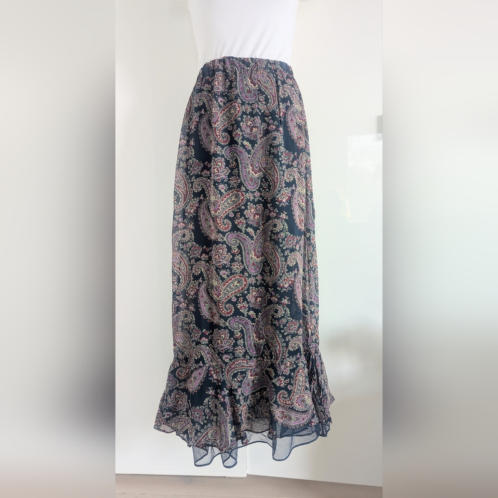 Vintage 90's Paisley Maxi Skirt With Ruffle Detail At Bottom Hem; Size S